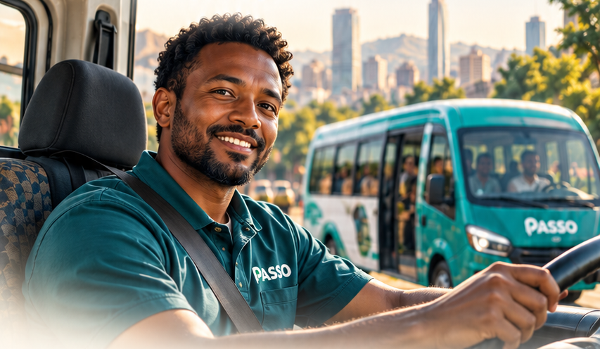 A Passo driver at the wheel, with a teal passenger bus in the background